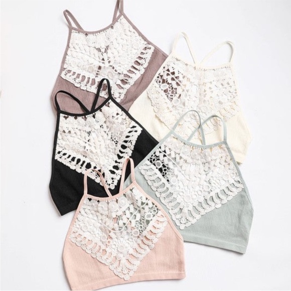 Blush Light Pink Boho Crochet Lace Detail High Neck Bralette - Picture 3 of 9